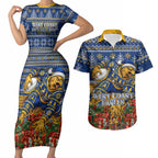 Personalized West Coast Eagles Football Christmas Couples Matching Short Sleeve Bodycon Dress and Hawaiian Shirt Australian Football Mascot - Ugly Christmas Pattern Festive