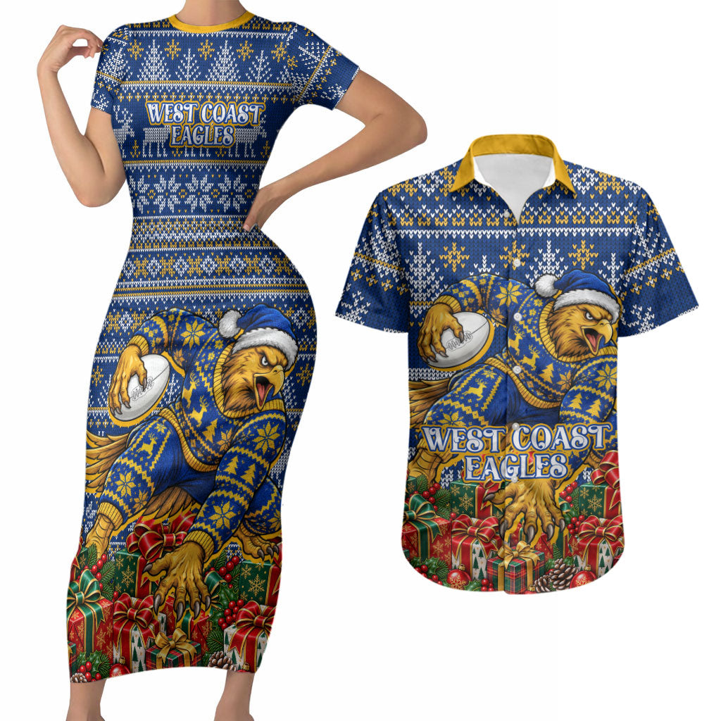 Personalized West Coast Eagles Football Christmas Couples Matching Short Sleeve Bodycon Dress and Hawaiian Shirt Australian Football Mascot - Ugly Christmas Pattern Festive