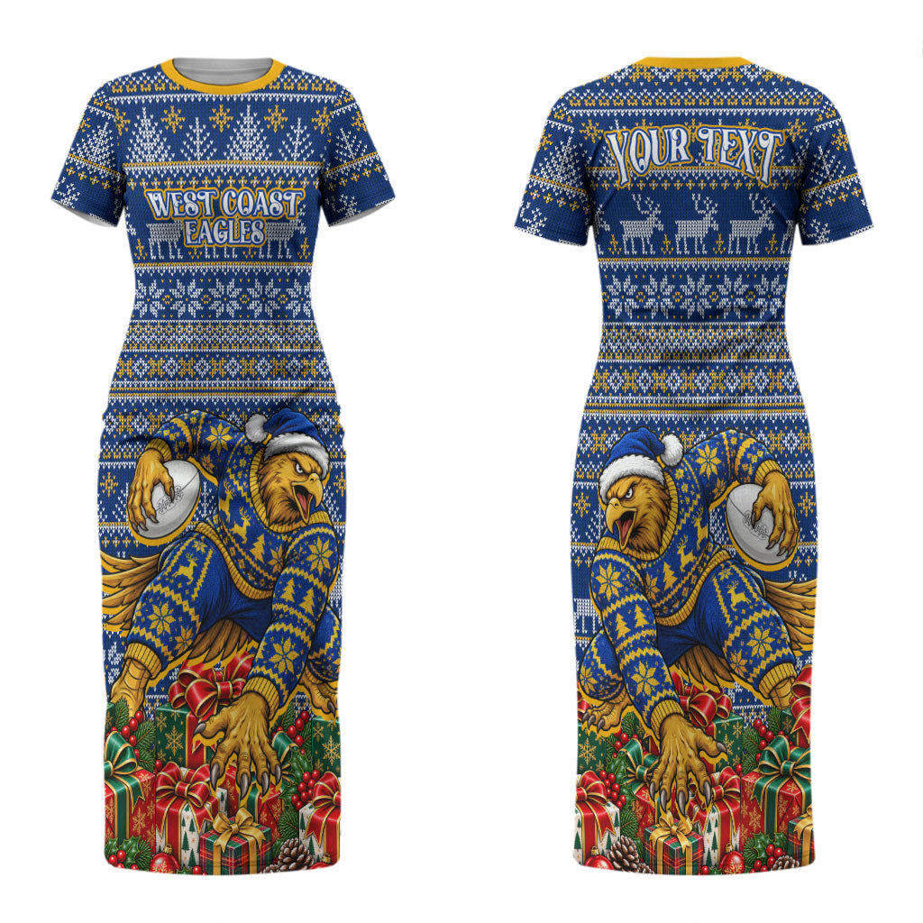 Personalized West Coast Eagles Football Christmas Couples Matching Short Sleeve Bodycon Dress and Hawaiian Shirt Australian Football Mascot - Ugly Christmas Pattern Festive
