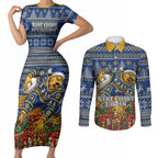 Personalized West Coast Eagles Football Christmas Couples Matching Short Sleeve Bodycon Dress and Long Sleeve Button Shirt Australian Football Mascot - Ugly Christmas Pattern Festive