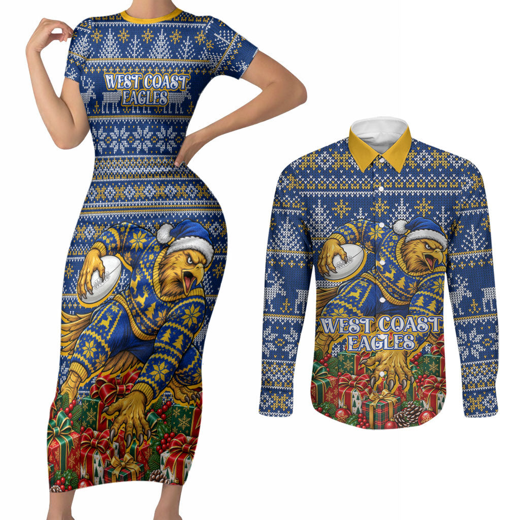 Personalized West Coast Eagles Football Christmas Couples Matching Short Sleeve Bodycon Dress and Long Sleeve Button Shirt Australian Football Mascot - Ugly Christmas Pattern Festive