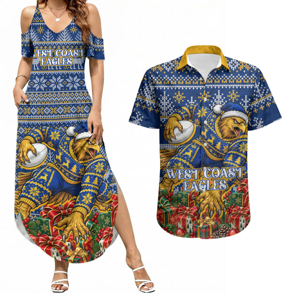 Personalized West Coast Eagles Football Christmas Couples Matching Summer Maxi Dress and Hawaiian Shirt Australian Football Mascot - Ugly Christmas Pattern Festive