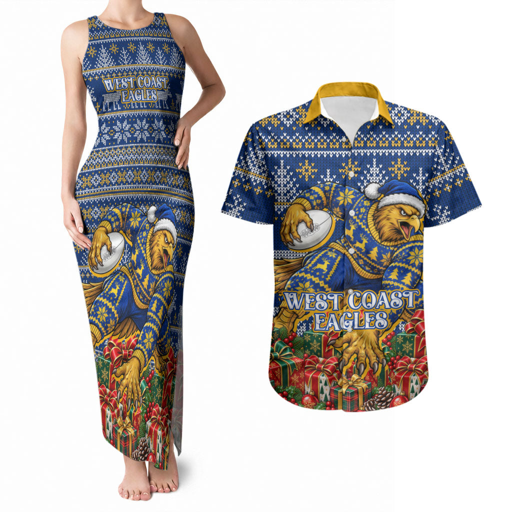 Personalized West Coast Eagles Football Christmas Couples Matching Tank Maxi Dress and Hawaiian Shirt Australian Football Mascot - Ugly Christmas Pattern Festive