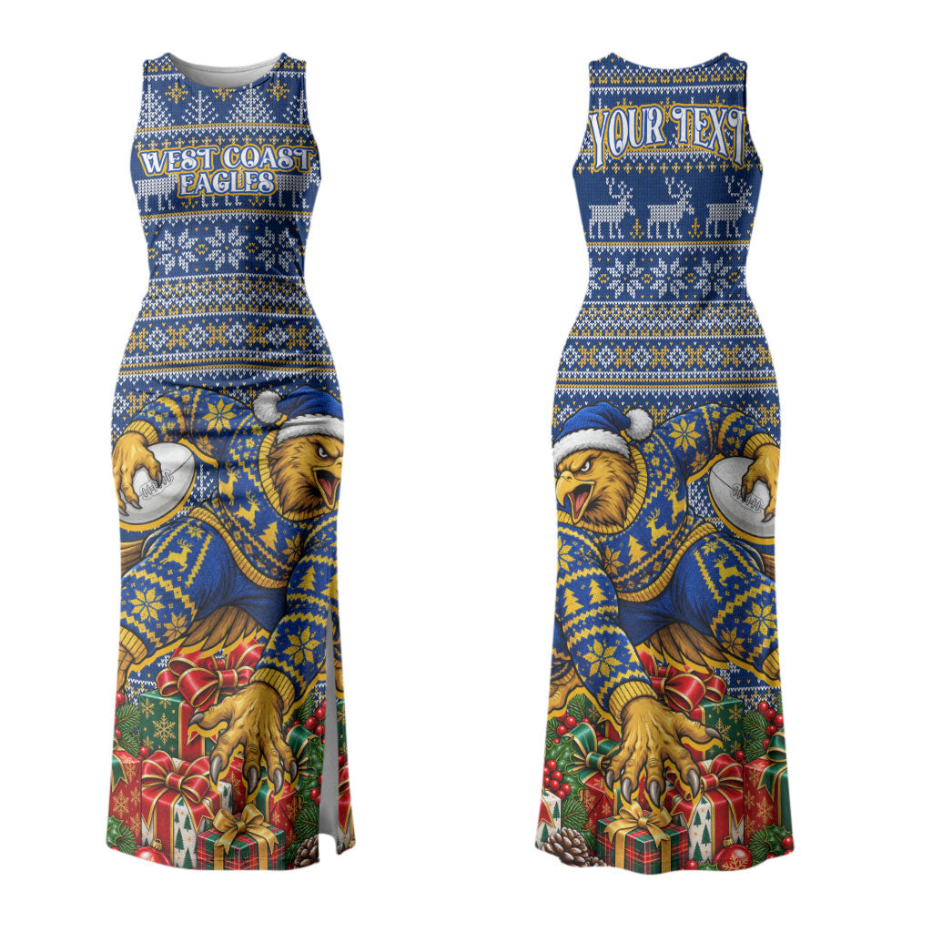 Personalized West Coast Eagles Football Christmas Couples Matching Tank Maxi Dress and Hawaiian Shirt Australian Football Mascot - Ugly Christmas Pattern Festive