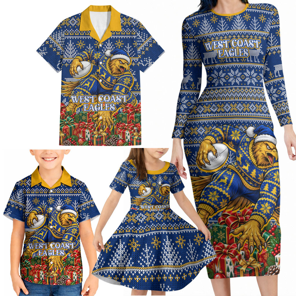 Personalized West Coast Eagles Football Christmas Family Matching Long Sleeve Bodycon Dress and Hawaiian Shirt Australian Football Mascot - Ugly Christmas Pattern Festive