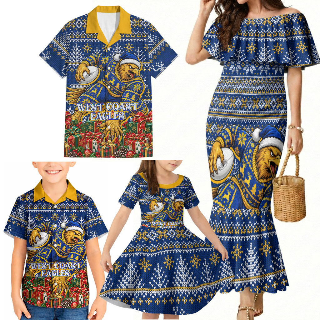 Personalized West Coast Eagles Football Christmas Family Matching Mermaid Dress and Hawaiian Shirt Australian Football Mascot - Ugly Christmas Pattern Festive