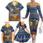 Personalized West Coast Eagles Football Christmas Family Matching Off The Shoulder Long Sleeve Dress and Hawaiian Shirt Australian Football Mascot - Ugly Christmas Pattern Festive