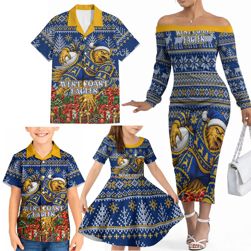 Personalized West Coast Eagles Football Christmas Family Matching Off The Shoulder Long Sleeve Dress and Hawaiian Shirt Australian Football Mascot - Ugly Christmas Pattern Festive