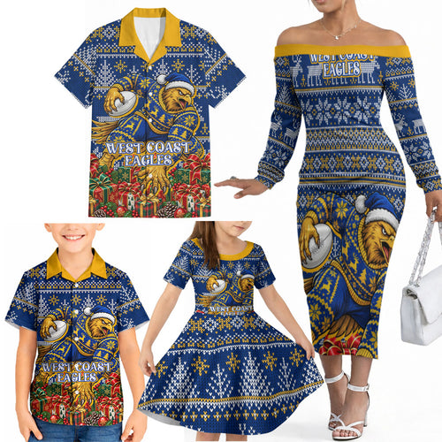 Personalized West Coast Eagles Football Christmas Family Matching Off The Shoulder Long Sleeve Dress and Hawaiian Shirt Australian Football Mascot - Ugly Christmas Pattern Festive