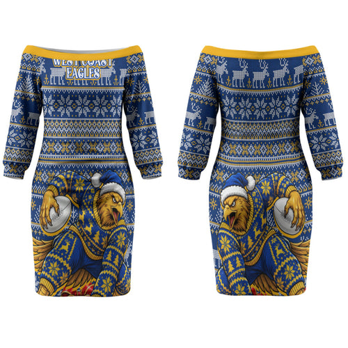 Personalized West Coast Eagles Football Christmas Family Matching Off The Shoulder Long Sleeve Dress and Hawaiian Shirt Australian Football Mascot - Ugly Christmas Pattern Festive