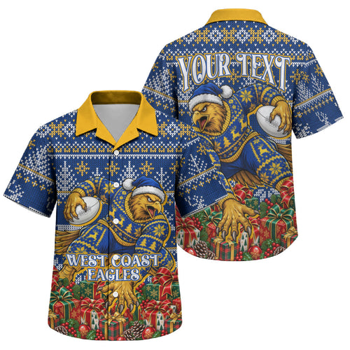 Personalized West Coast Eagles Football Christmas Family Matching Off The Shoulder Long Sleeve Dress and Hawaiian Shirt Australian Football Mascot - Ugly Christmas Pattern Festive