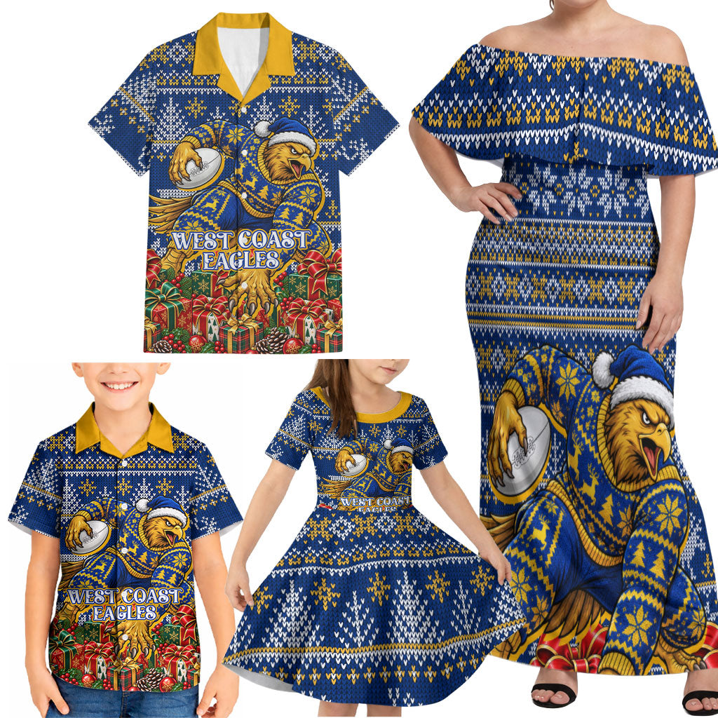 Personalized West Coast Eagles Football Christmas Family Matching Off Shoulder Maxi Dress and Hawaiian Shirt Australian Football Mascot - Ugly Christmas Pattern Festive