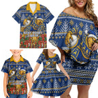 Personalized West Coast Eagles Football Christmas Family Matching Off Shoulder Short Dress and Hawaiian Shirt Australian Football Mascot - Ugly Christmas Pattern Festive