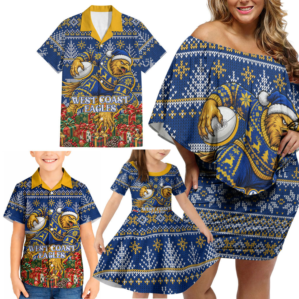 Personalized West Coast Eagles Football Christmas Family Matching Off Shoulder Short Dress and Hawaiian Shirt Australian Football Mascot - Ugly Christmas Pattern Festive