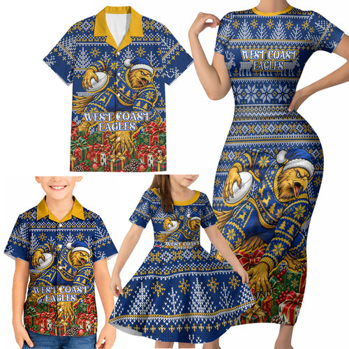Personalized West Coast Eagles Football Christmas Family Matching Short Sleeve Bodycon Dress and Hawaiian Shirt Australian Football Mascot - Ugly Christmas Pattern Festive
