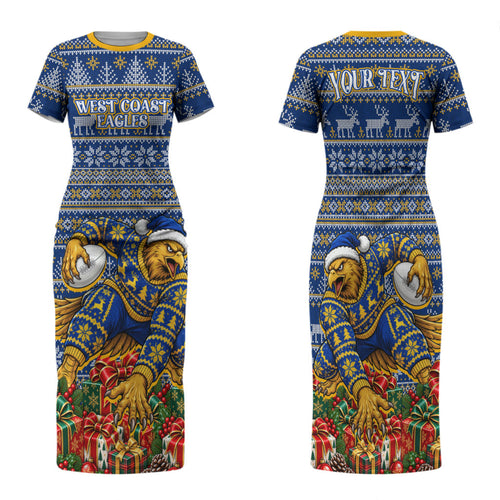 Personalized West Coast Eagles Football Christmas Family Matching Short Sleeve Bodycon Dress and Hawaiian Shirt Australian Football Mascot - Ugly Christmas Pattern Festive