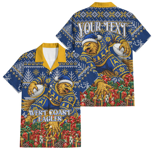 Personalized West Coast Eagles Football Christmas Family Matching Short Sleeve Bodycon Dress and Hawaiian Shirt Australian Football Mascot - Ugly Christmas Pattern Festive
