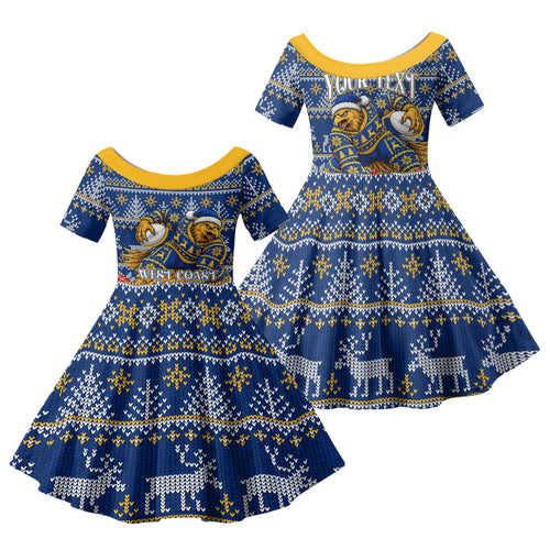 Personalized West Coast Eagles Football Christmas Family Matching Short Sleeve Bodycon Dress and Hawaiian Shirt Australian Football Mascot - Ugly Christmas Pattern Festive