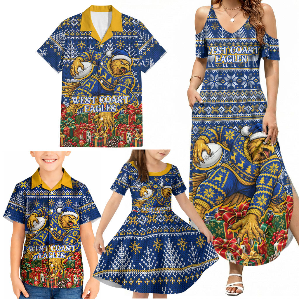 Personalized West Coast Eagles Football Christmas Family Matching Summer Maxi Dress and Hawaiian Shirt Australian Football Mascot - Ugly Christmas Pattern Festive