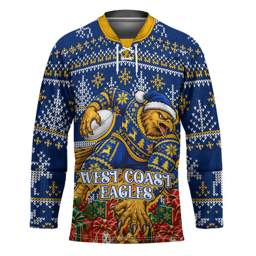 Personalized West Coast Eagles Football Christmas Hockey Jersey Australian Football Mascot - Ugly Christmas Pattern Festive