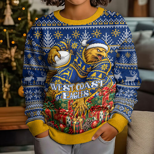 Personalized West Coast Eagles Football Christmas Kid Ugly Christmas Sweater Australian Football Mascot - Ugly Christmas Pattern Festive