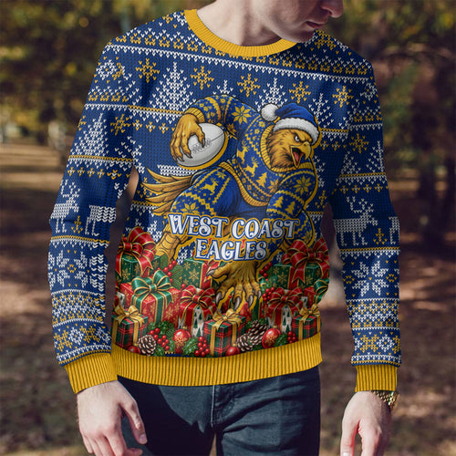 Personalized West Coast Eagles Football Christmas Ugly Christmas Sweater Australian Football Mascot - Ugly Christmas Pattern Festive