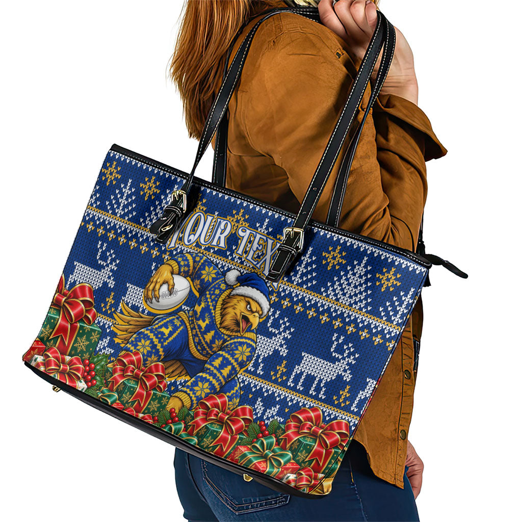 Personalized West Coast Eagles Football Christmas Leather Tote Bag Australian Football Mascot - Ugly Christmas Pattern Festive