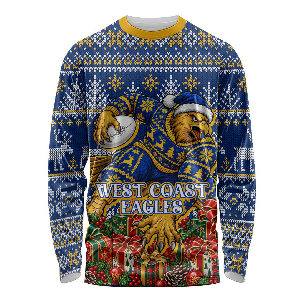 Personalized West Coast Eagles Football Christmas Long Sleeve Shirt Australian Football Mascot - Ugly Christmas Pattern Festive