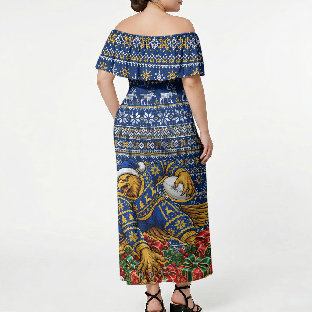 Personalized West Coast Eagles Football Christmas Off Shoulder Maxi Dress Australian Football Mascot - Ugly Christmas Pattern Festive