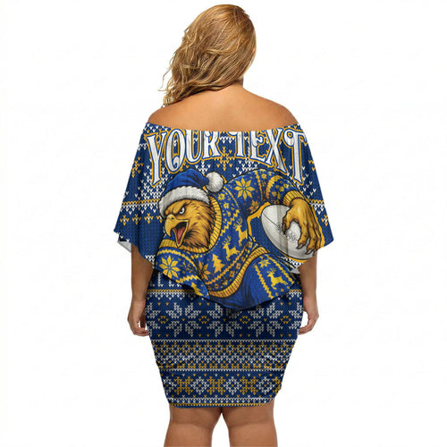 Personalized West Coast Eagles Football Christmas Off Shoulder Short Dress Australian Football Mascot - Ugly Christmas Pattern Festive