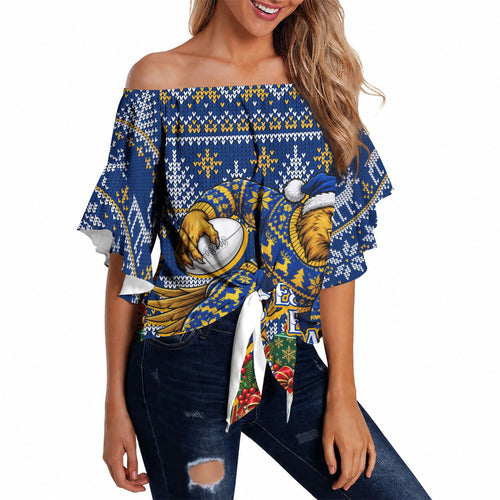 Personalized West Coast Eagles Football Christmas Off Shoulder Wrap Waist Top Australian Football Mascot - Ugly Christmas Pattern Festive