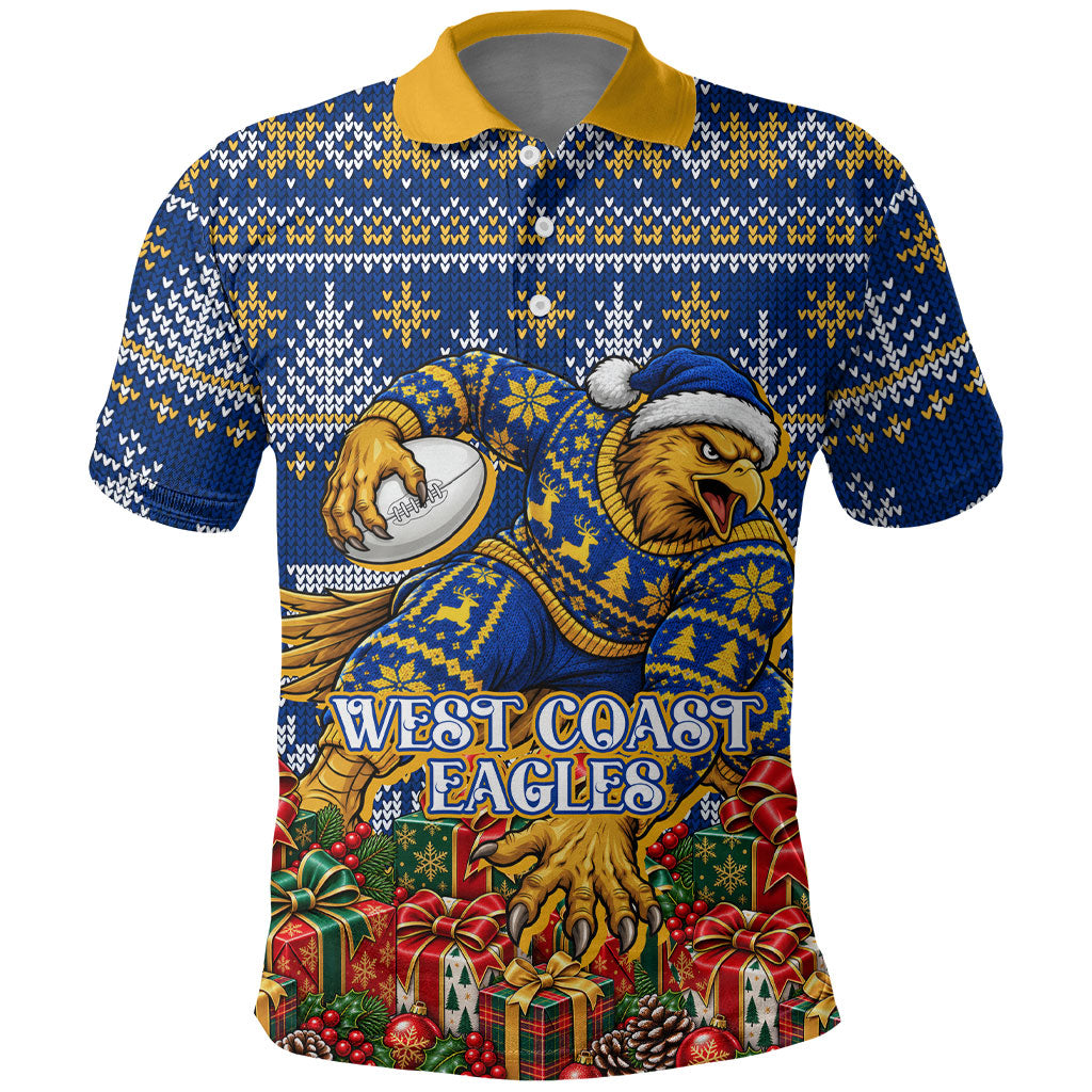 Personalized West Coast Eagles Football Christmas Polo Shirt Australian Football Mascot - Ugly Christmas Pattern Festive