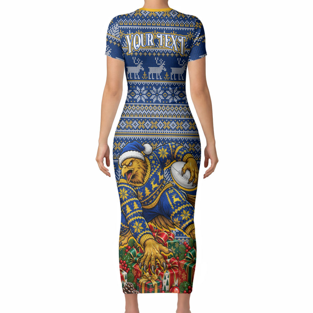 Personalized West Coast Eagles Football Christmas Short Sleeve Bodycon Dress Australian Football Mascot - Ugly Christmas Pattern Festive