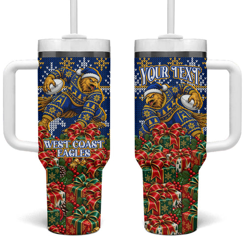 Personalized West Coast Eagles Football Christmas Tumbler With Handle Australian Football Mascot - Ugly Christmas Pattern Festive
