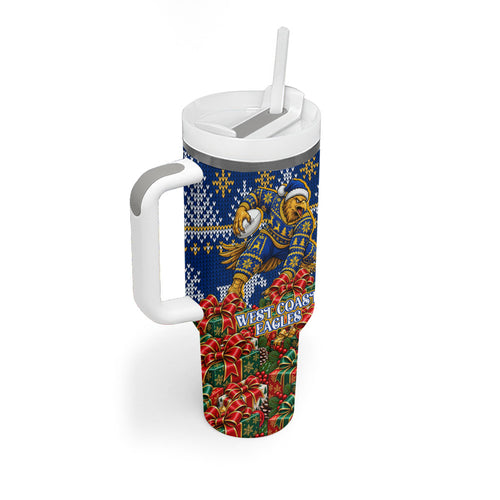 Personalized West Coast Eagles Football Christmas Tumbler With Handle Australian Football Mascot - Ugly Christmas Pattern Festive