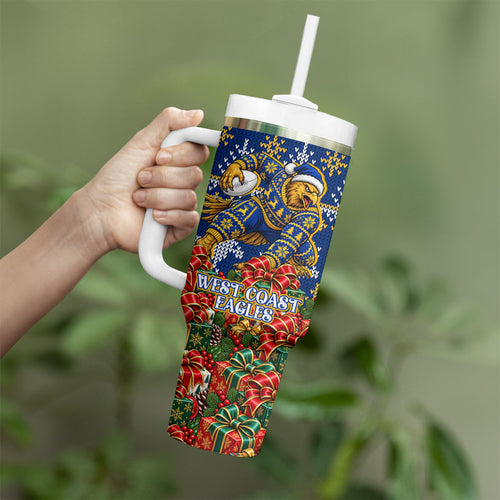 Personalized West Coast Eagles Football Christmas Tumbler With Handle Australian Football Mascot - Ugly Christmas Pattern Festive
