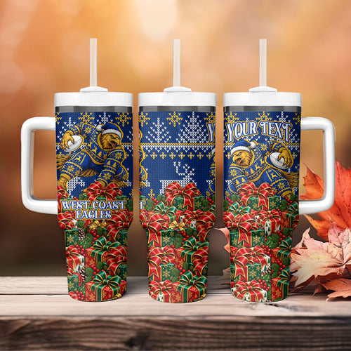 Personalized West Coast Eagles Football Christmas Tumbler With Handle Australian Football Mascot - Ugly Christmas Pattern Festive