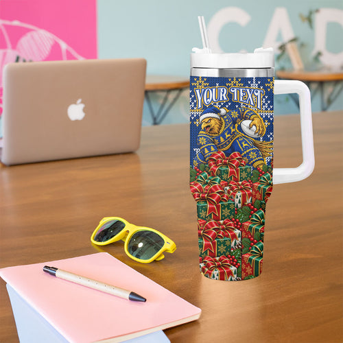 Personalized West Coast Eagles Football Christmas Tumbler With Handle Australian Football Mascot - Ugly Christmas Pattern Festive