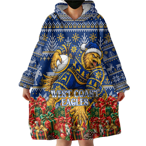 Personalized West Coast Eagles Football Christmas Wearable Blanket Hoodie Australian Football Mascot - Ugly Christmas Pattern Festive