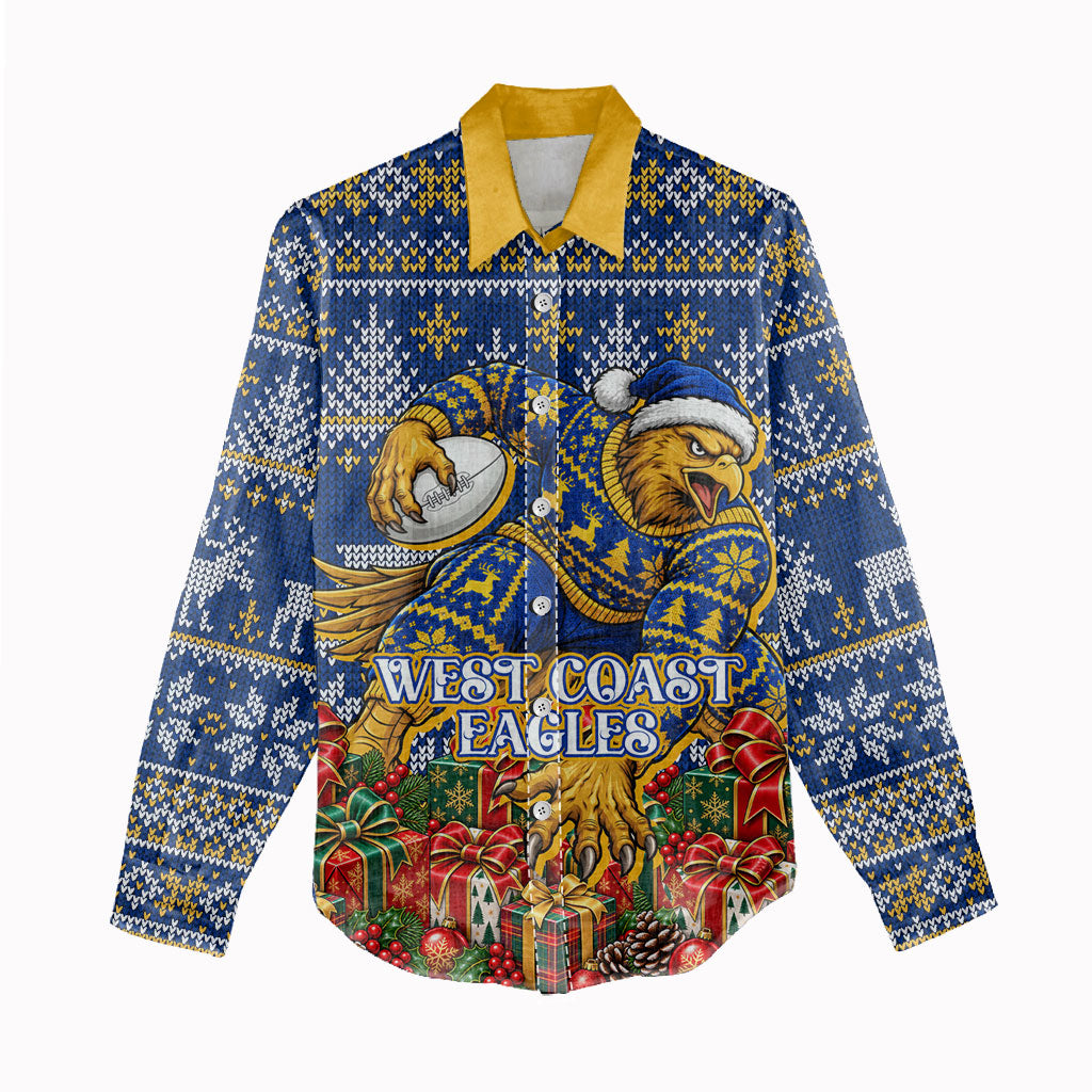 Personalized West Coast Eagles Football Christmas Women Casual Shirt Australian Football Mascot - Ugly Christmas Pattern Festive