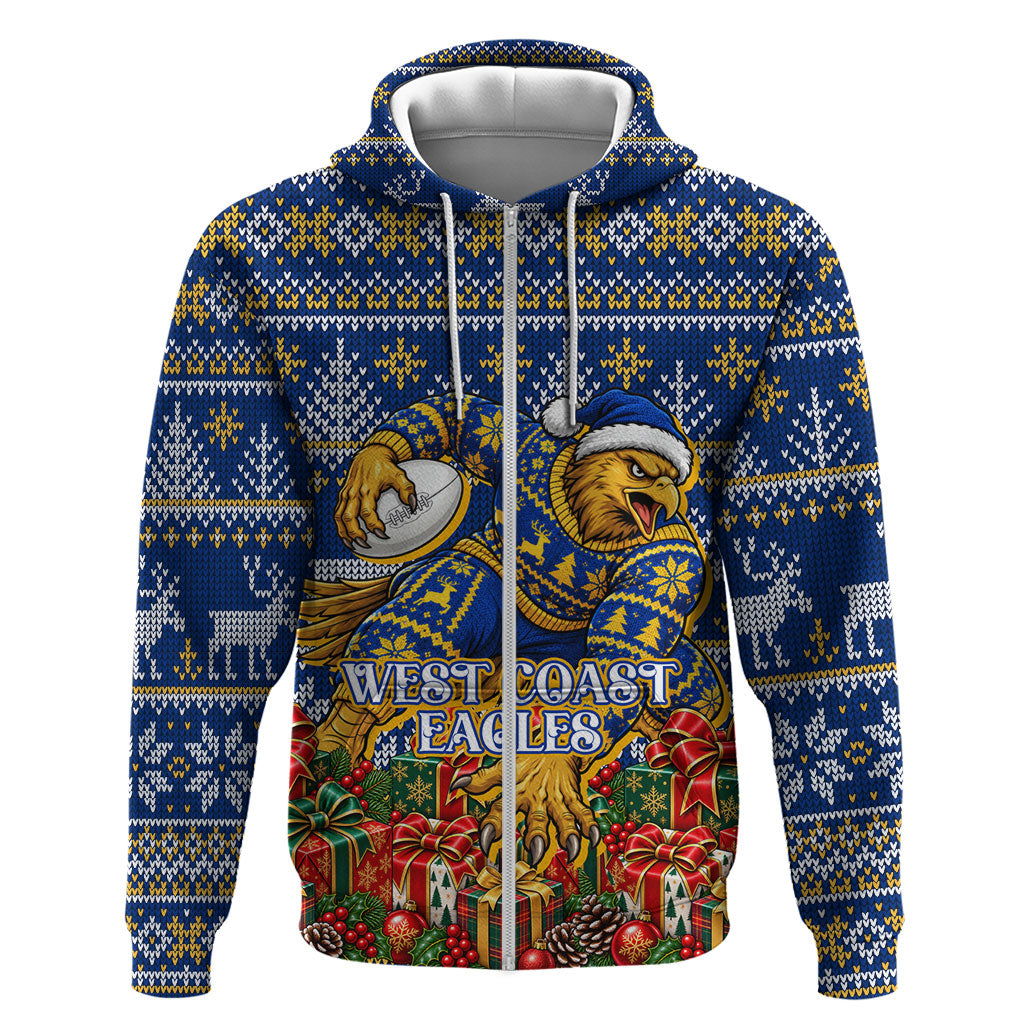 Personalized West Coast Eagles Football Christmas Zip Hoodie Australian Football Mascot - Ugly Christmas Pattern Festive