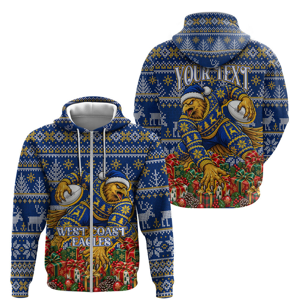 Personalized West Coast Eagles Football Christmas Zip Hoodie Australian Football Mascot - Ugly Christmas Pattern Festive