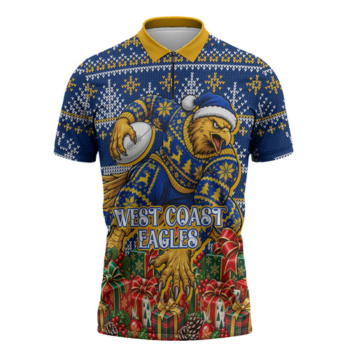 Personalized West Coast Eagles Football Christmas Zipper Polo Shirt Australian Football Mascot - Ugly Christmas Pattern Festive