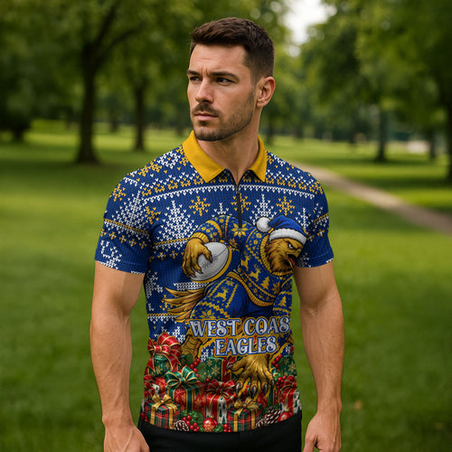 Personalized West Coast Eagles Football Christmas Zipper Polo Shirt Australian Football Mascot - Ugly Christmas Pattern Festive