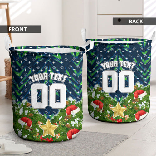 Personalised Raiders Rugby Christmas Laundry Basket Santa Rugby Mascot - Pine Wreath Festive