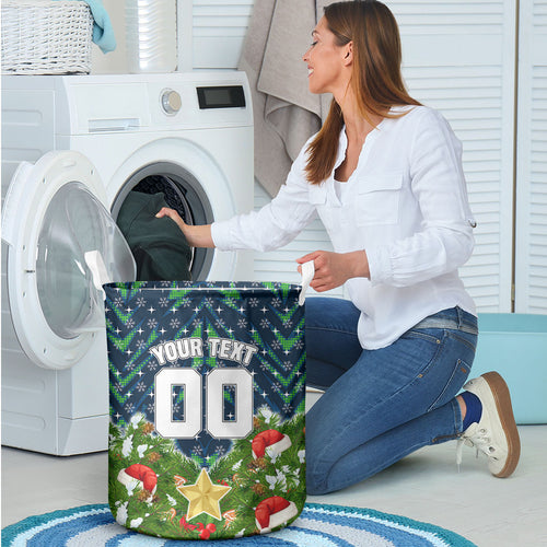 Personalised Raiders Rugby Christmas Laundry Basket Santa Rugby Mascot - Pine Wreath Festive