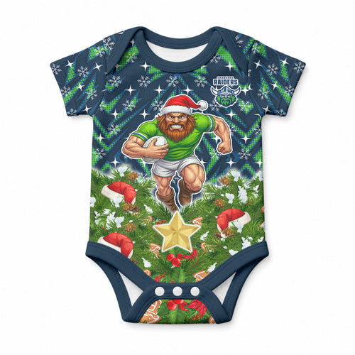 Personalised Raiders Rugby Christmas Baby Onesie Santa Rugby Mascot - Pine Wreath Festive