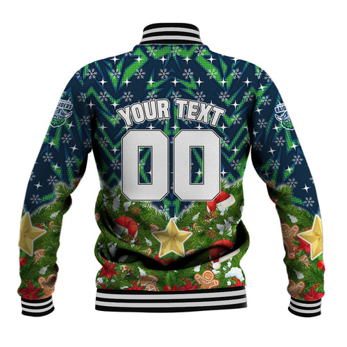 Personalised Raiders Rugby Christmas Baseball Jacket Santa Rugby Mascot - Pine Wreath Festive