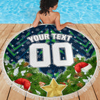 Personalised Raiders Rugby Christmas Beach Blanket Santa Rugby Mascot - Pine Wreath Festive