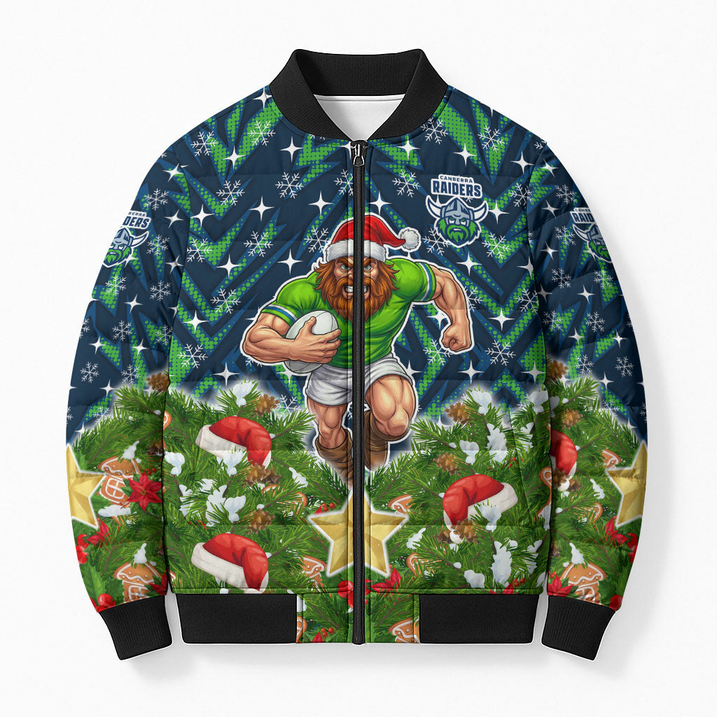 Personalised Raiders Rugby Christmas Bomber Puffer Jacket Santa Rugby Mascot - Pine Wreath Festive